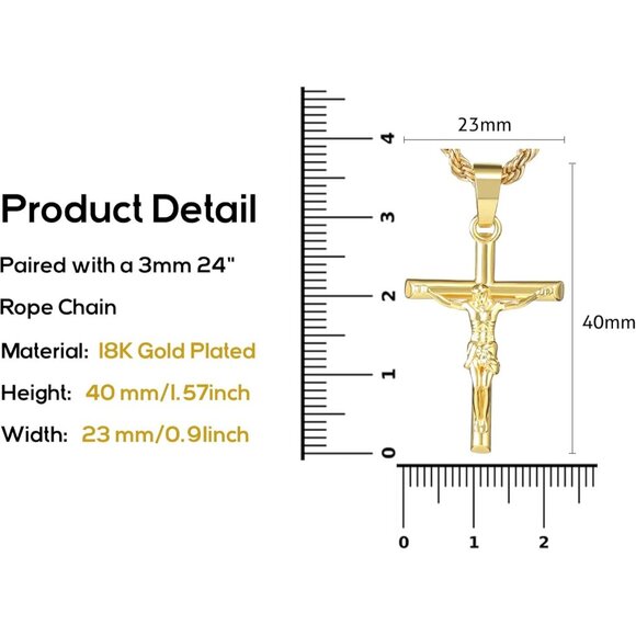 💫 Men Gold Crucifix Cross Necklace 18K Plated Cross Pendant Rope Chain Jewelry - Picture 2 of 6